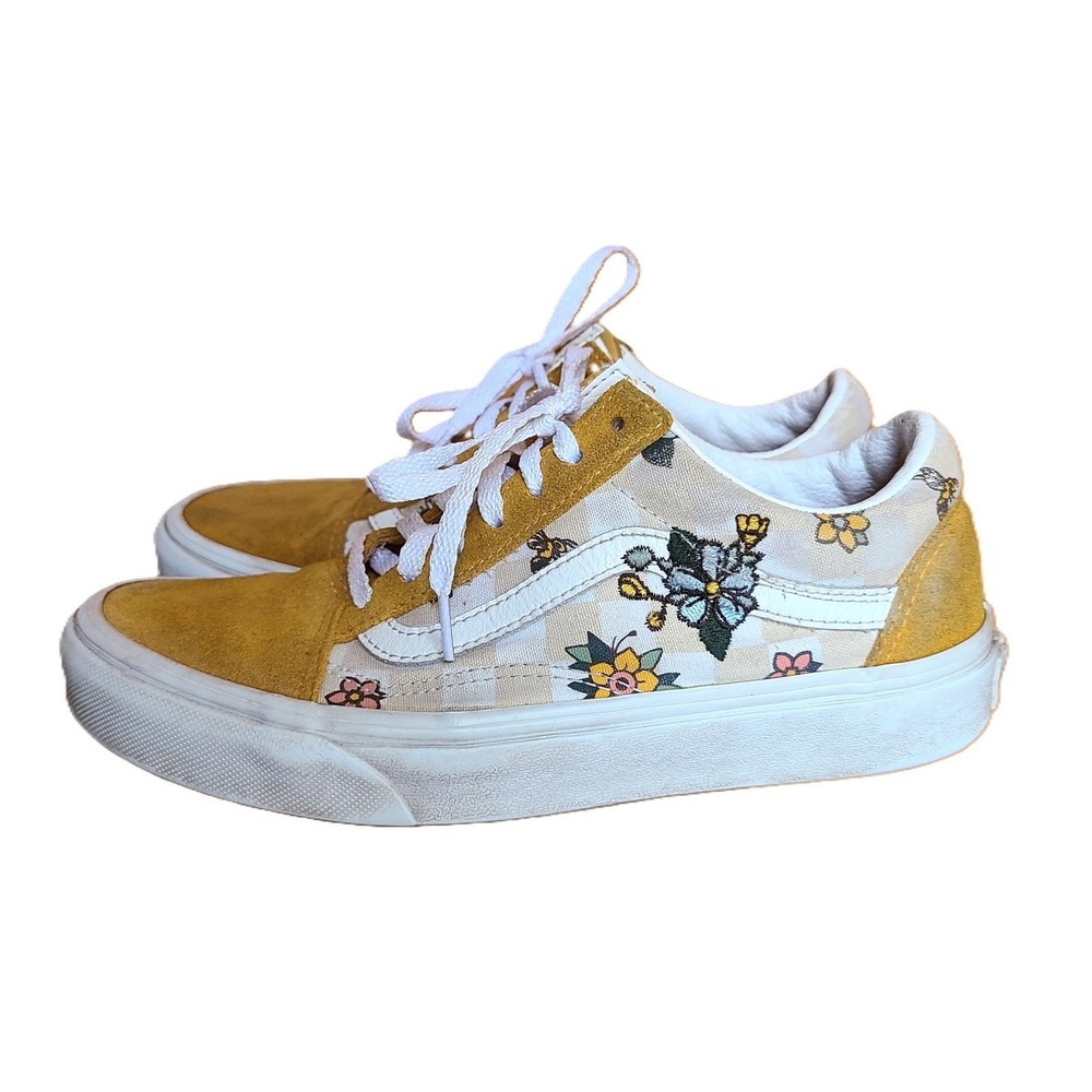 Vans Old Skool Embroidered Flowers US 6.5 Yellow Suede Skate Shoes Sneakers‎ - Picture 2 of 8